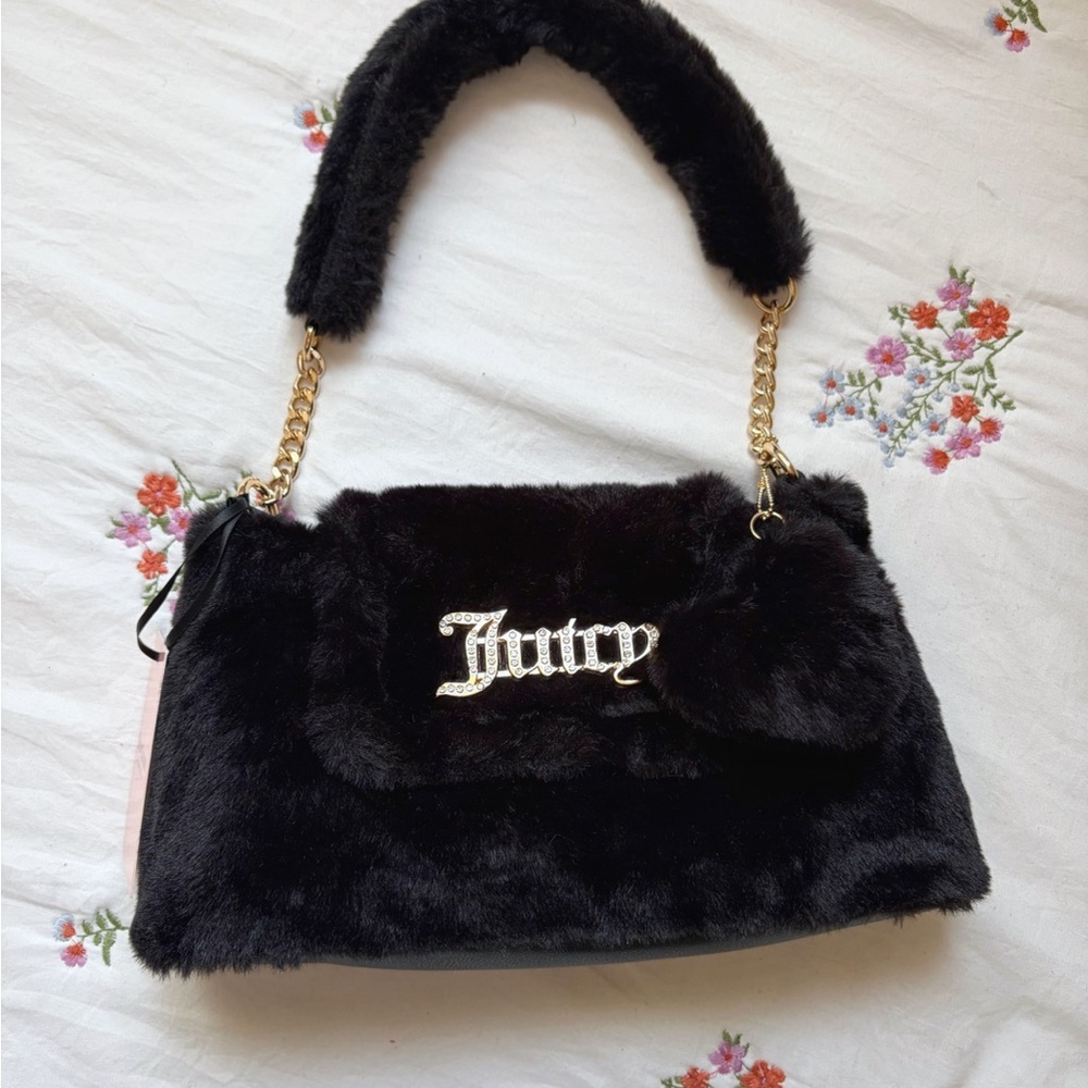 Juicy Couture Black Faux Fur Shoulder Bag with Gold Chain and Rhinestone Logo